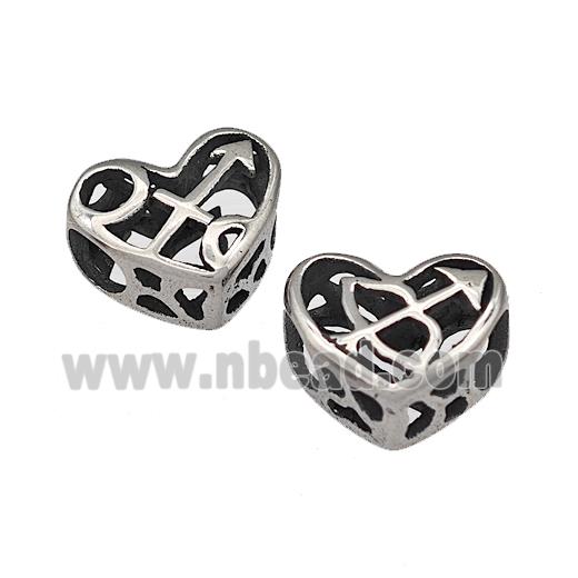 316 Stainless Steel Heart Beads Zodiac Sagittarius Large Hole Hollow Antique Silver