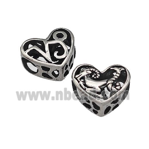 316 Stainless Steel Heart Beads Zodiac Capricorn Large Hole Hollow Antique Silver