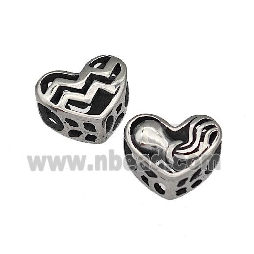 316 Stainless Steel Heart Beads Zodiac Aquarius Large Hole Hollow Antique Silver