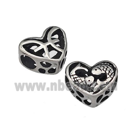 316 Stainless Steel Heart Beads Zodiac Pisces Large Hole Hollow Antique Silver