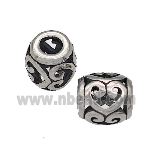 316 Stainless Steel Barrel Beads Heart Hollow Large Hole Antique Silver