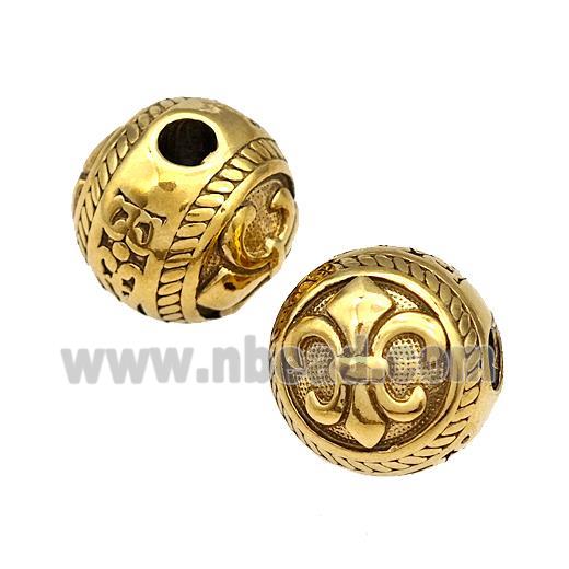Stainless Steel Round Beads Fleur De Lis Gold Plated