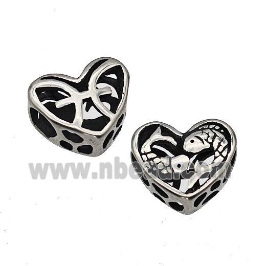 Stainless Steel Heart Beads Zodiac Pisces Large Hole Hollow Antique Silver