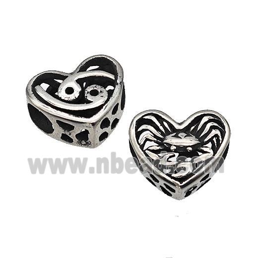 Stainless Steel Heart Beads Zodiac Cancer Large Hole Hollow Antique Silver