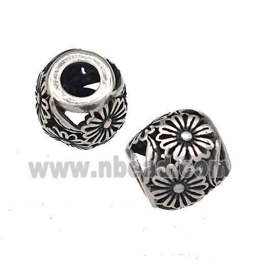 Stainless Steel Barrel Beads Hollow Flower Large Hole Antique Silver