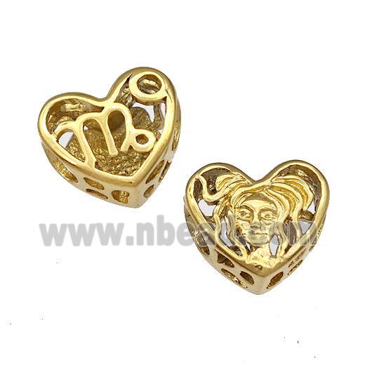 Stainless Steel Heart Beads Zodiac Virgo Large Hole Hollow Gold Plated