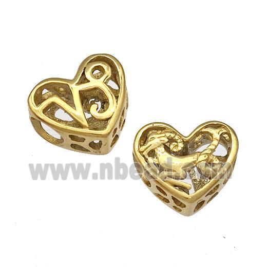 Stainless Steel Heart Beads Zodiac Capricorn Large Hole Hollow Gold Plated