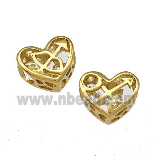 Stainless Steel Heart Beads Zodiac Sagittarius Large Hole Hollow Gold Plated