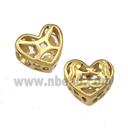 Stainless Steel Heart Beads Zodiac Gemini Large Hole Hollow Gold Plated