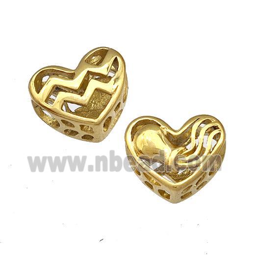 Stainless Steel Heart Beads Zodiac Aquarius Large Hole Hollow Gold Plated
