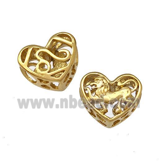 Stainless Steel Heart Beads Zodiac Leo Large Hole Hollow Gold Plated