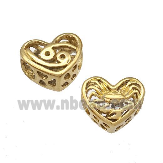 Stainless Steel Heart Beads Zodiac Cancer Large Hole Hollow Gold Plated
