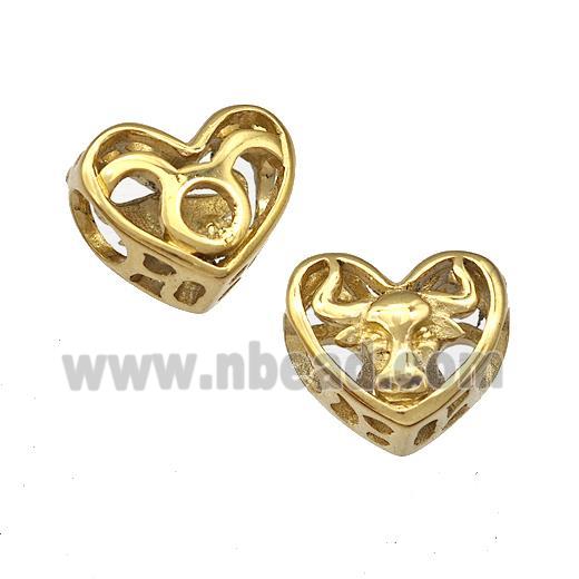 Stainless Steel Heart Beads Zodiac Taurus Large Hole Hollow Gold Plated