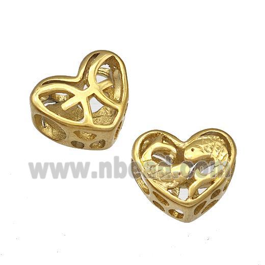Stainless Steel Heart Beads Zodiac Pisces Large Hole Hollow Gold Plated