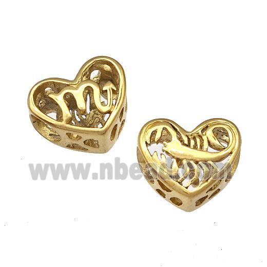 Stainless Steel Heart Beads Zodiac Scorpio Large Hole Hollow Gold Plated
