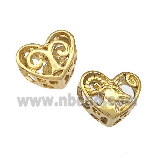 Stainless Steel Heart Beads Zodiac Aries Large Hole Hollow Gold Plated