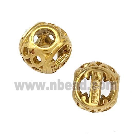 Stainless Steel Round Beads Letter-I Hollow Large Hole Gold Plated