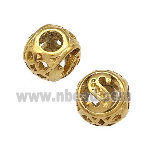 Stainless Steel Round Beads Letter-S Hollow Large Hole Gold Plated