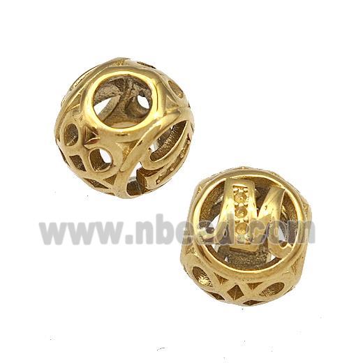 Stainless Steel Round Beads Letter-M Hollow Large Hole Gold Plated
