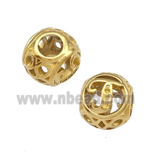 Stainless Steel Round Beads Letter-J Hollow Large Hole Gold Plated
