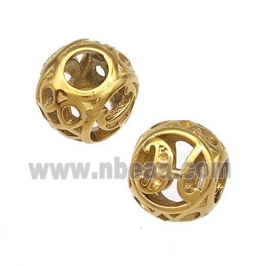 Stainless Steel Round Beads Letter-H Hollow Large Hole Gold Plated