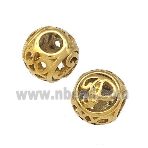 Stainless Steel Round Beads Letter-P Hollow Large Hole Gold Plated