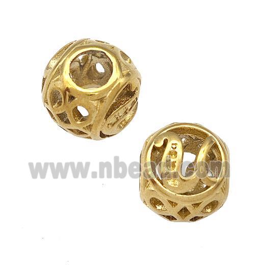 Stainless Steel Round Beads Letter-U Hollow Large Hole Gold Plated