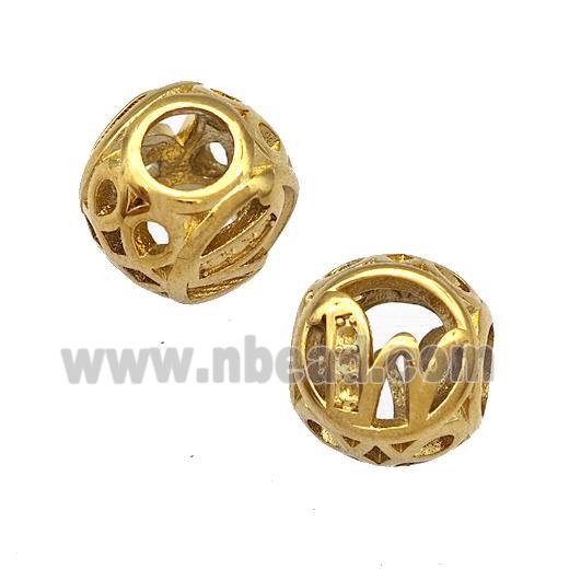 Stainless Steel Round Beads Letter-W Hollow Large Hole Gold Plated