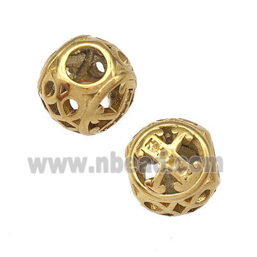 Stainless Steel Round Beads Letter-X Hollow Large Hole Gold Plated