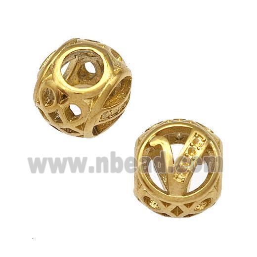 Stainless Steel Round Beads Letter-V Hollow Large Hole Gold Plated