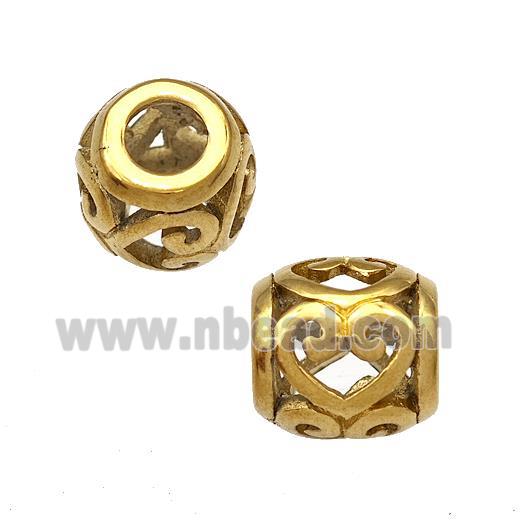Stainless Steel Barrel Beads Heart Hollow Large Hole Gold Plated