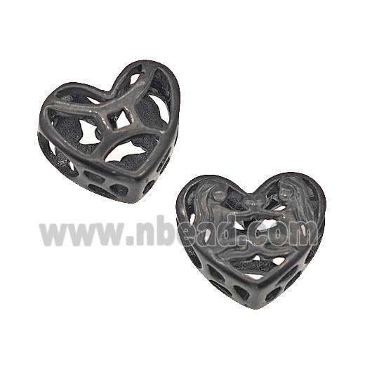 Stainless Steel Heart Beads Zodiac Gemini Large Hole Hollow Black Plated