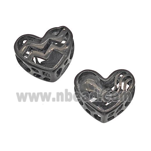 Stainless Steel Heart Beads Zodiac Aquarius Large Hole Hollow Black Plated
