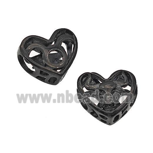Stainless Steel Heart Beads Zodiac Taurus Large Hole Hollow Black Plated