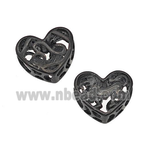 Stainless Steel Heart Beads Zodiac Leo Large Hole Hollow Black Plated