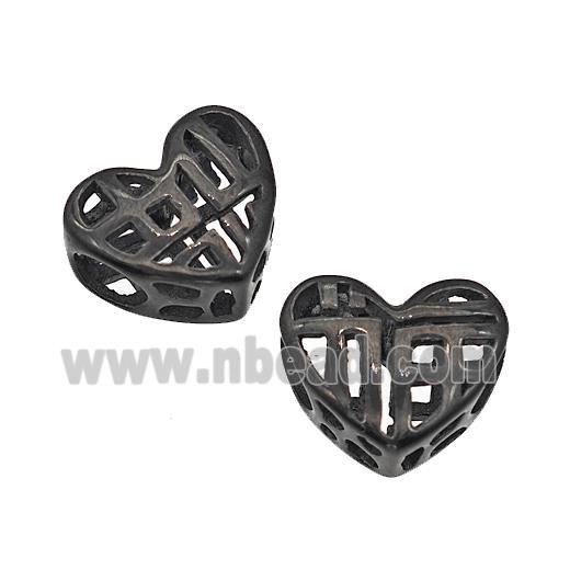 Stainless Steel Heart Beads Lucky Fu Hollow Large Hole Black Plated