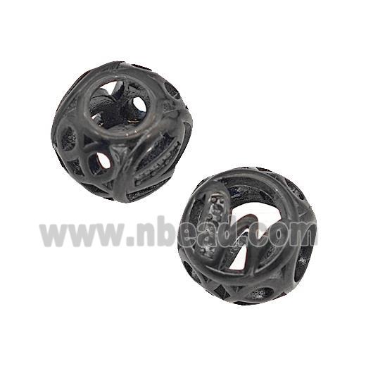 Stainless Steel Round Beads Letter-W Hollow Large Hole Black Plated