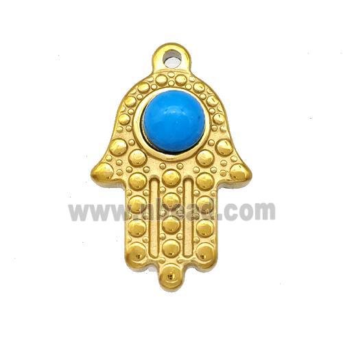 Stainless Steel Hand Pendant Pave Blue Synthetic Turquoise Gold Plated