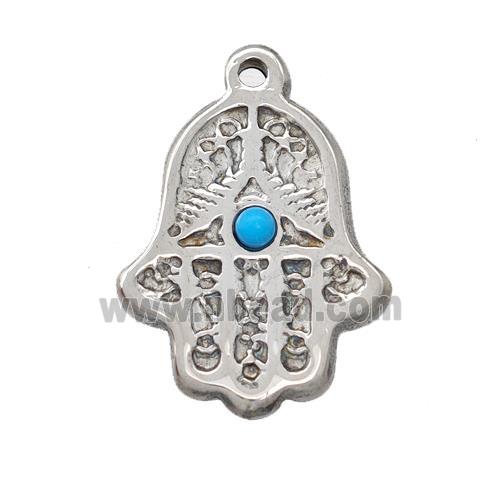 Raw Stainless Steel Hand Pendant Pave Blue Synthetic Turquoise