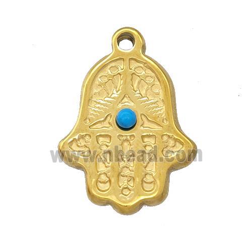 Stainless Steel Hand Pendant Pave Blue Synthetic Turquoise Gold Plated