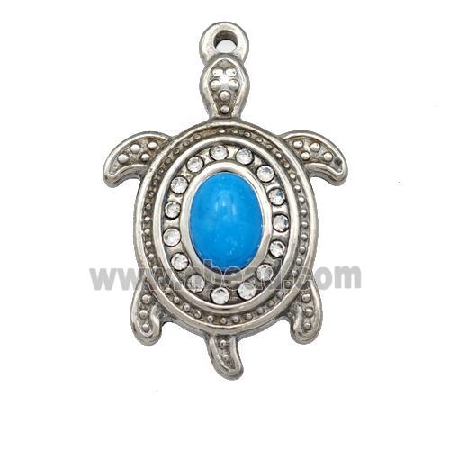 Raw Stainless Steel Tortoise Pendant Pave Blue Synthetic Turquoise Rhinestone