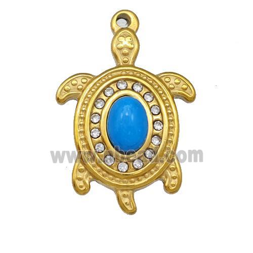 Stainless Steel Tortoise Pendant Pave Blue Synthetic Turquoise Rhinestone Gold Plated