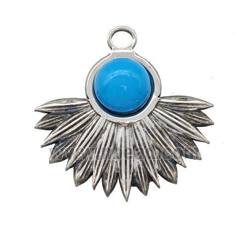 Raw Stainless Steel Pendant Pave Blue Synthetic Turquoise