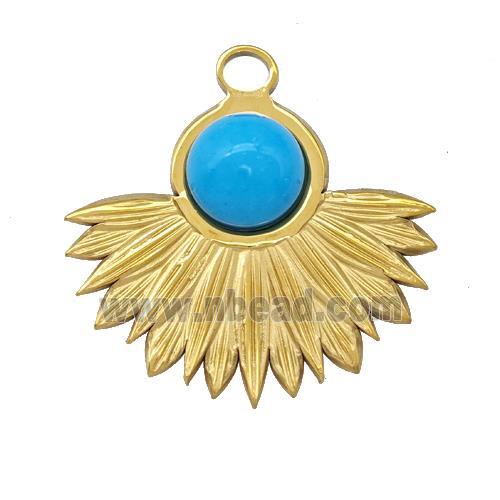 Stainless Steel Pendant Pave Blue Synthetic Turquoise Gold Plated