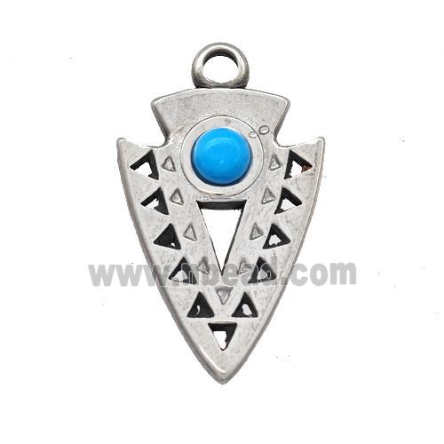 Raw Stainless Steel Arrowhead Pendant Pave Blue Synthetic Turquoise