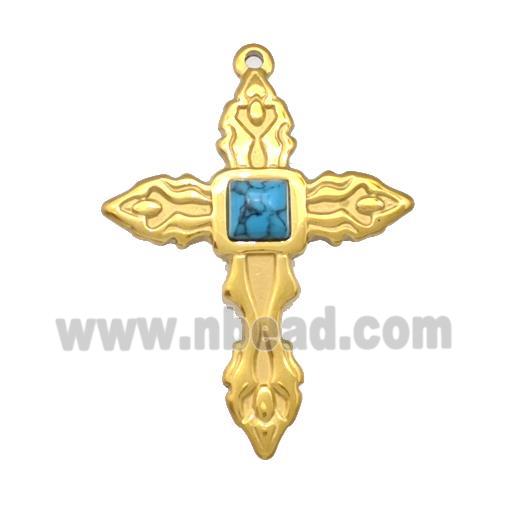 Stainless Steel Cross Pendant Pave Blue Synthetic Turquoise Gold Plated