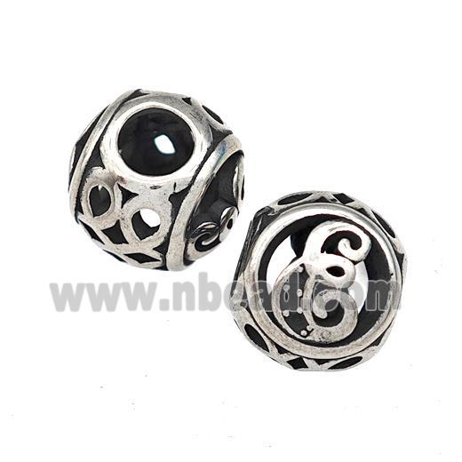Stainless Steel Round Beads Letter-E Hollow Large Hole Antique Silver