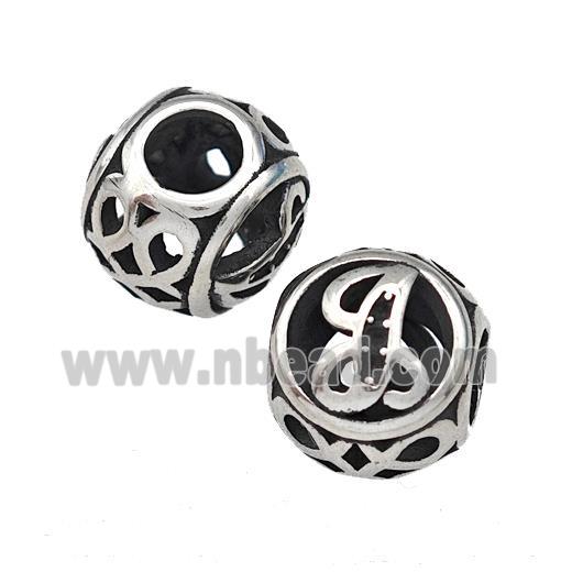 Stainless Steel Round Beads Letter-T Hollow Large Hole Antique Silver