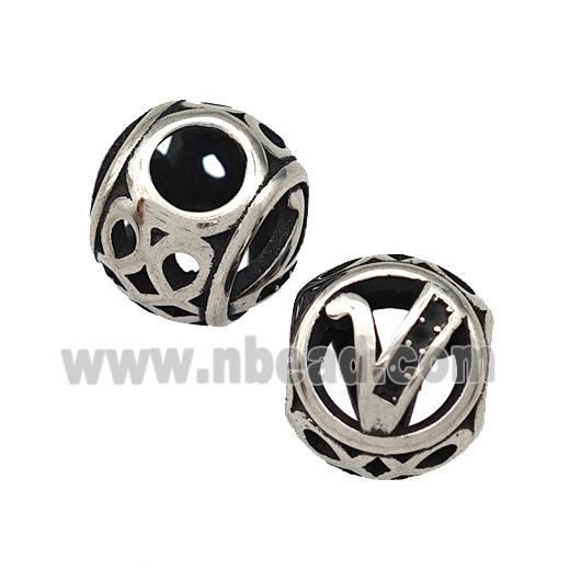 Stainless Steel Round Beads Letter-V Hollow Large Hole Antique Silver