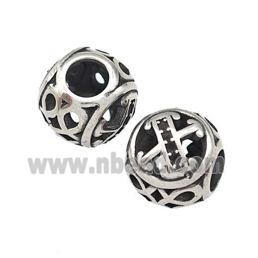 Stainless Steel Round Beads Letter-X Hollow Large Hole Antique Silver